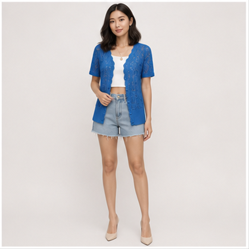 Women's Short Sleeve Summer Cardigan V-Neck Button up Lightweight Hollow Out Sweater Cardigans Shrug - model view